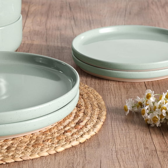 Stoneware Dinnerware Sets, 12-Piece Plates and Bowls Set for 4, Dishes Set for Home Restaurant, Speckled Asparagus Green