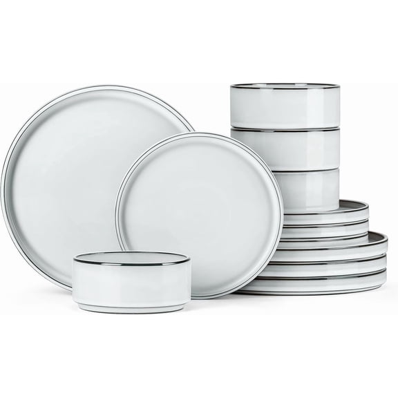 Stoneware Dinnerware Sets, 12 count Plates and Bowls Dish Sets for 4, Ceramic Dishware Dining Ware with Rustic Terracotta Bottom - Glacier White