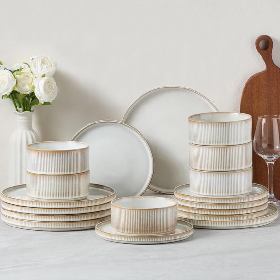 Stoneware Dinnerware Sets, 18-Pieces Modern Plates and Bowls Sets, Kitchen Dinning Porcelain Dishes Set for 6, Chip & Scratch Resistant, Dishwasher & Microwave Safe, Creamy Beige