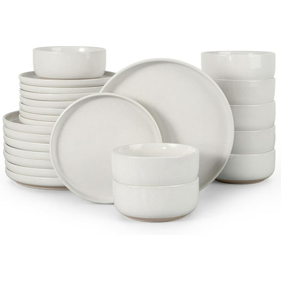 Stoneware Dinnerware Sets, 24-Piece Plates and Bowls Set for 8, Dishes Set for Home Restaurant, Speckled Milky White