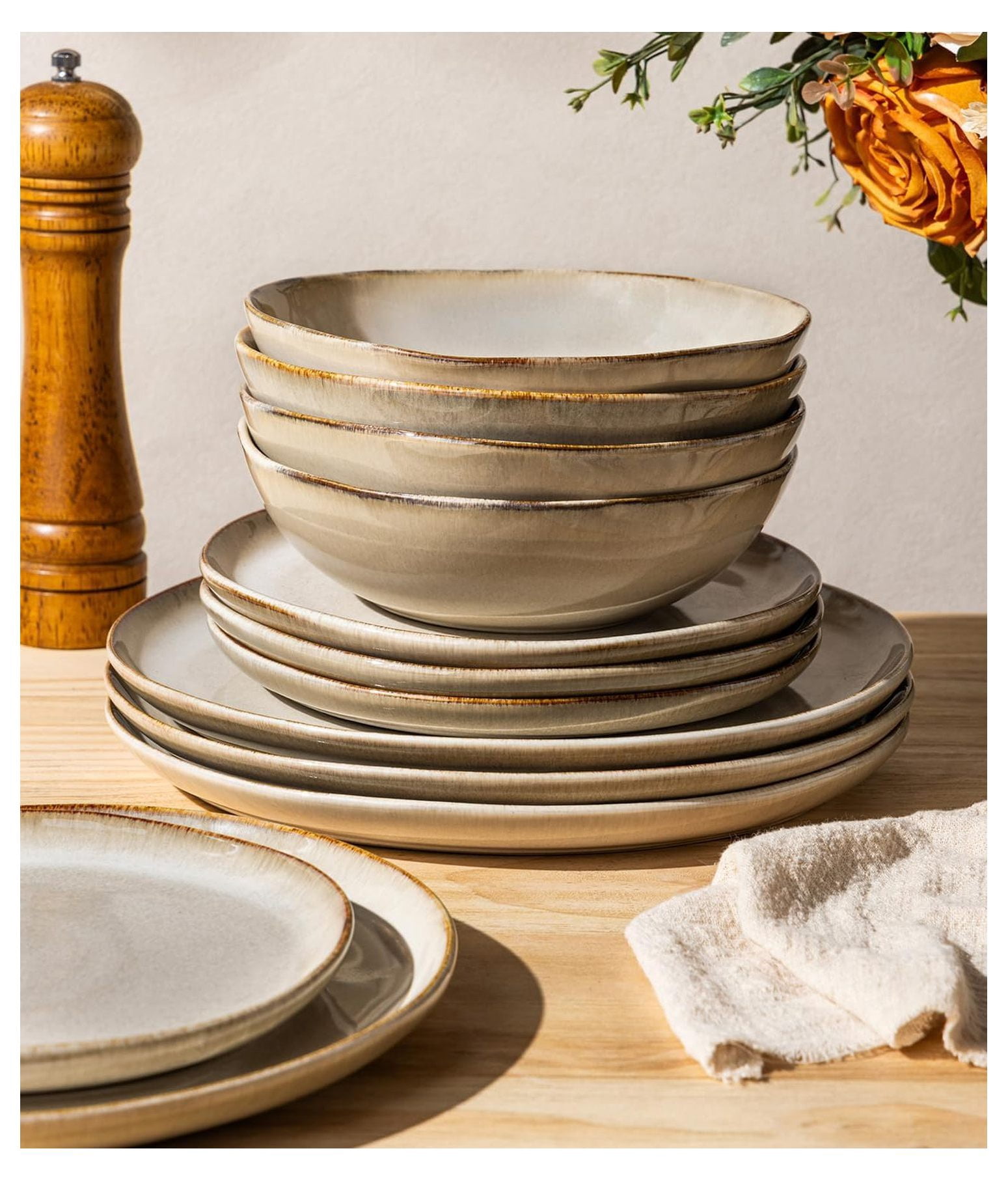 Rustic Bowl Set Stoneware Dinnerware Sets for 4, 12 Piece Rustic Plates and Bowls Set ...