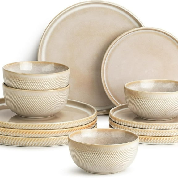 Stoneware Dinnerware Sets for 4, 12-Piece Scratch Resistant Plates and Bowls Set, Dishwasher and Microwave Safe Ceramic Dishes Set, Ribbed, Sculpted Dune