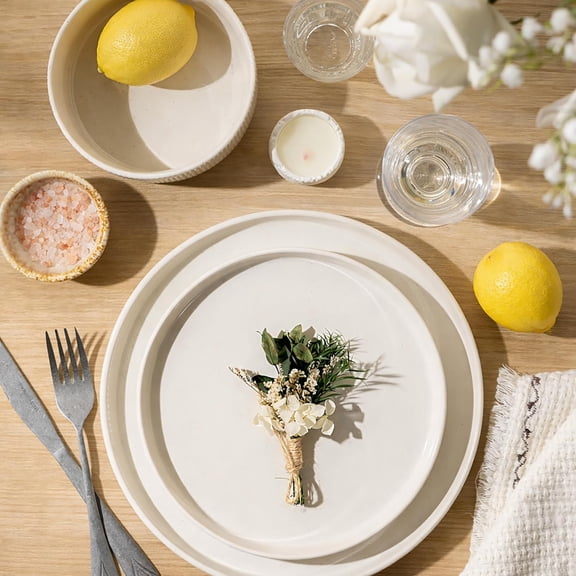 Stoneware Dinnerware Sets for 4, 12 Pieces Lightweight Ceramic Ribbed Plates and Bowls Set, Reactive Glaze Stackable Plate Sets, Scratch Resistant Dishes, Microwave & Dishwasher Safe, Beige