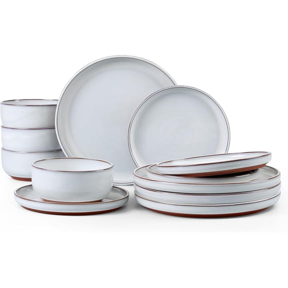 Stoneware Dinnerware Sets for 4, 12 Pieces Reactive Glaze Plates and Bowls Sets, Elegant Dishes with Rustic Terracotta Base, Dishwasher & Microwave Safe, Scratch Resistant, Glacier White
