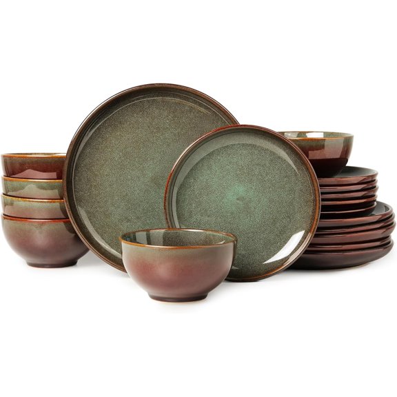 Stoneware Dinnerware Sets for 6, 18 Pieces Ceramic Plates and Bowls Sets, Chip and Scratch Resistant Dish Set, Dishwasher & Microwave Safe Plate Set, Brown Green