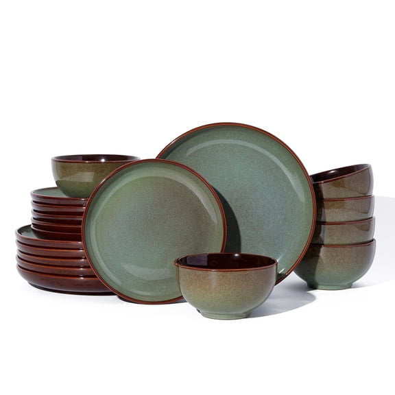 Pokini Stoneware Dinnerware Sets, Ceramic dish sets service for 6, Microwaveable & Dishwasher Safe Plates and Bowls Sets, Kitchen Dinner Plates & Cereal Bowls, Sage Green