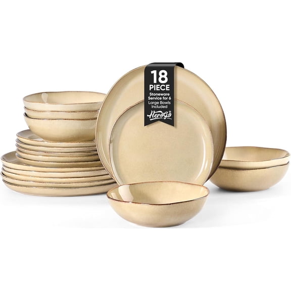 Stoneware Dinnerware Sets for 6, 18 count Irregular Dinner Dish Set, Plates and Bowls Dishware for Kitchen Dining, Microwave & Dishwasher Safe, Cream Khaki