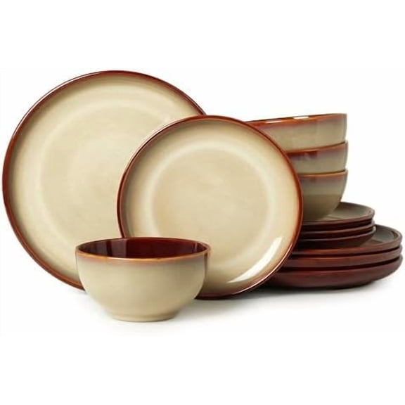 Stoneware Dinnerware Sets, Ceramic Plates and Bowls Set, Microwave & Dishwasher Safe Kitchen Dish Set, Modern Dinner Salad Plates | Cereal Bowls for 4, Dishware Sets Brown Yellow