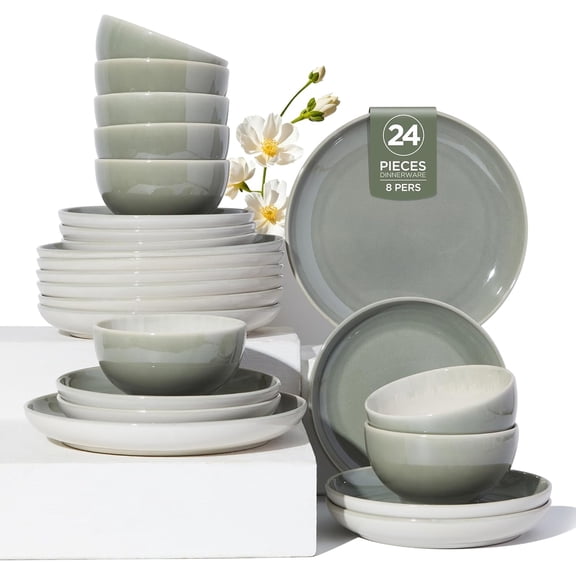 Stoneware Dinnerware Sets, Ceramic Plates and Bowls Set, Microwave & Dishwasher Safe Kitchen Dishes, Modern Dinner Salad Plates | Cereal Bowls, Dishware Sets Service for 4 Sage Green