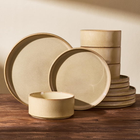 Stoneware Dinnerware Sets Handcrafted Double Reactive Glaze Plates And For Everyday & Formal Diningwave Dishwasher Safe Scratch Resistant Dishes Service 4 (12-piece) Cream