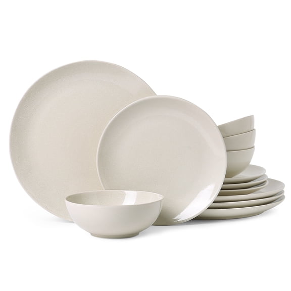 ALOFMO Stoneware Dinnerware Sets, 12 Pieces Plates and Bowls, Dish Set for 4, Plate Sets for Kitchen,Eggshell White, Microwave & Dishwasher Safe