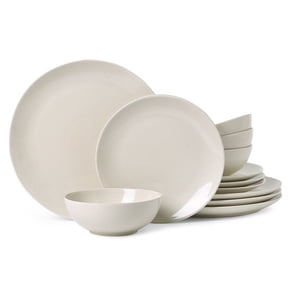 ALOFMO Stoneware Dinnerware Sets, 12 Pieces Plates and Bowls, Dish Set for 4, Plate Sets for Kitchen,Eggshell White, Microwave & Dishwasher Safe