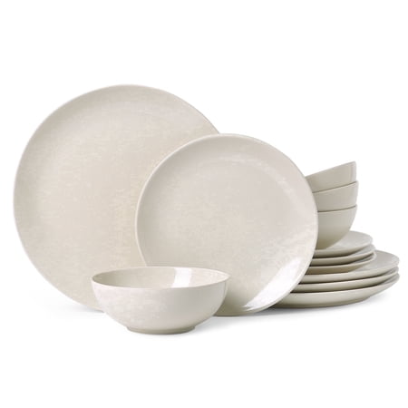 ALOFMO Stoneware Dinnerware Sets, 12 Pieces Plates and Bowls, Dish Set for 4, Plate Sets for Kitchen,Eggshell White, Microwave & Dishwasher Safe