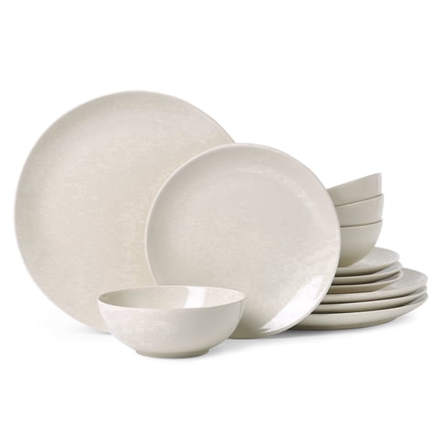 ALOFMO Stoneware Dinnerware Sets, 12 Pieces Plates and Bowls, Dish Set for 4, Plate Sets for Kitchen,Eggshell White, Microwave & Dishwasher Safe