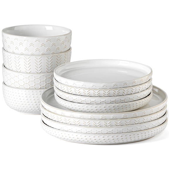 Stoneware Dinnerware Set Service for 4-12Pcs Reactive Glaze Embossed Boho Ceramic Dish Set