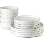 Stoneware Dinnerware Sets Service for 4, 12 pcs Reactive Glaze Plates and Bowls Sets, Embossed Boho Ceramic Dish Set, Highly Chip and Crack Resistant Farmhouse Plate Set, Ivory White