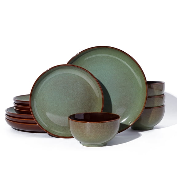 Pokini Stoneware Dinnerware Sets, Ceramic Plates and Bowls Sets, Microwaveable & Dishwasher Safe Dish Sets for 4, Kitchen Dinner Plates & Cereal Bowls, Sage Green