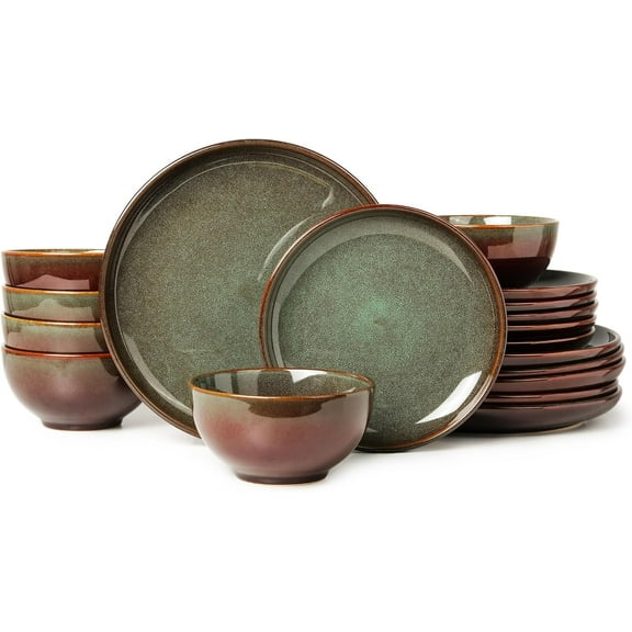 Stoneware Dinnerware Sets Service for 4, 12 pcs Reactive Glaze Plates and Bowls Sets, Handmade Ceramic Dish Set, Highly Chip and Crack Resistant Modern Plate Set, Brown Green