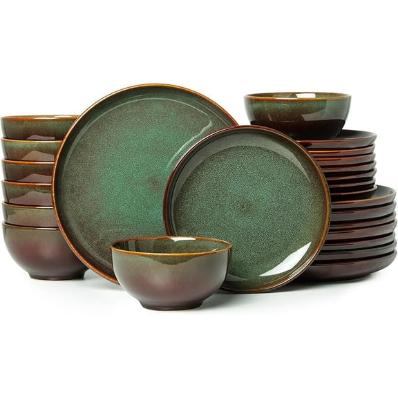 MY 12-Piece Stoneware Dinnerware Set for 4, Handmade Reactive Glaze Ceramic Plates and Bowls, Chip and Crack Resistant Modern Dish Set, Brown Green