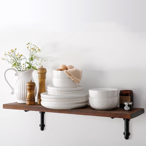 Stoneware Dinnerware Sets Service for 4, Reactive Glaze Plates and Bowls Sets, Embossed Boho Ceramic Dish Set, Chip and Crack Resistant Farmhouse Plate Set, Ivory White