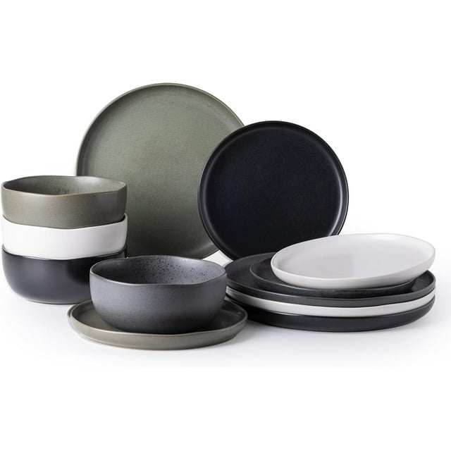 Stoneware Dinnerware Sets, Wavy Rim Ceramic Plates and Bowls Sets