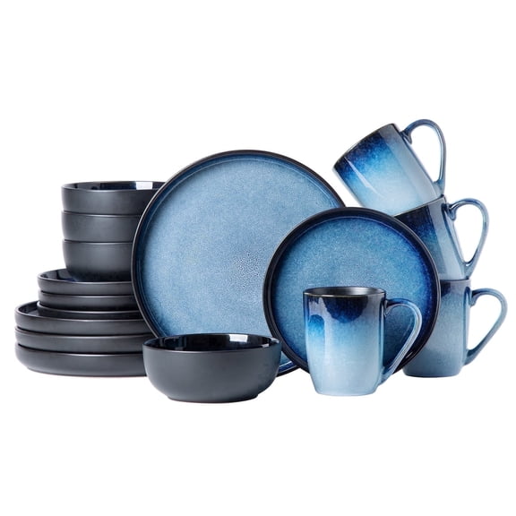 ALOFMO 16 Pieces Plates and Bowls Sets, Ceramic Dinnerware Sets for 4, Stoneware Dinnerware Set for Family Restaurants, Blue-black