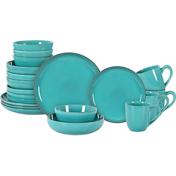 Stoneware Euro-Nordic 20pc Dinnerware Set, Shiny Turquoise Glaze with Speckle Effect