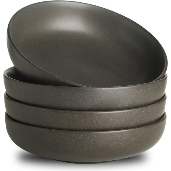 Tikooere Pasta Bowls Set of 4, 34 oz Large Stoneware Bowls for Salad & Ramen, Wide Shallow Ceramic Serving Bowls, Microwave & Dishwasher Safe, Matte Black