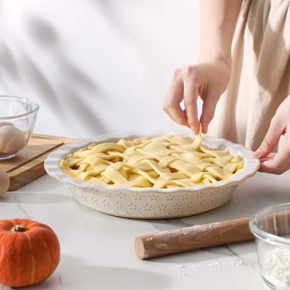Stoneware Pie Pan 9 Inch, Deep Dish Baking Dish with Embossed Flower Pattern, Nonstick Quiche Plate for Oven Microwave, Ivory