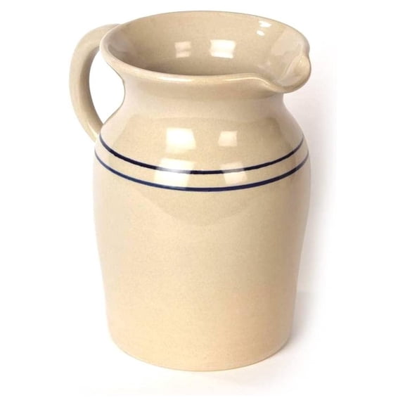 Stoneware Pitcher Vase, Natural with Blue Stripe Country Decor, Medium