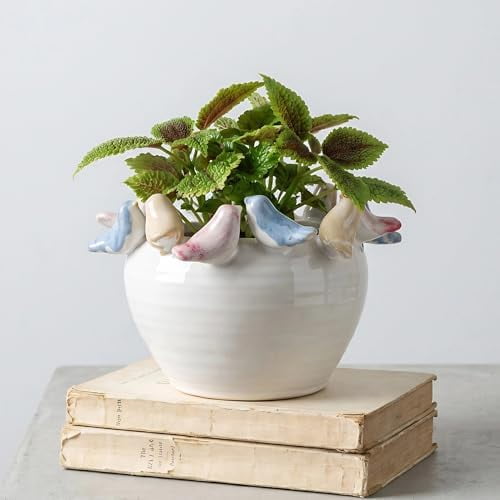 Stoneware Planter with Colorful Birds on Rim, Reactive Glaze Decorative Flower Pot for Indoor Plants, Vintage Cottagecore Bird Planter, Ceramic Pot for Succulents, Tabletop Home Dcor Accent