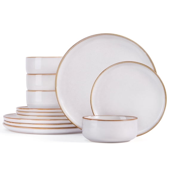 Onader 12 Piece Stoneware Dinnerware Sets, Plates and Bowls Dish Set for 4, Speckled Kitchen Dining Plates and Bowls, Dishwasher & Microwave Safe - Beige