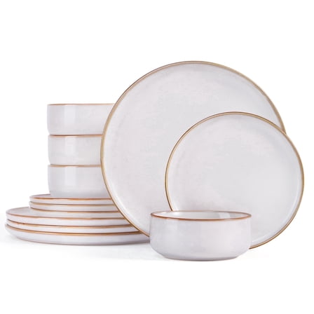 Onader 12 Piece Dinnerware Sets, Plates and Bowls Set for 4, Handmade Stoneware Dishes Sets for Home Restaurant, Dishwasher & Microwave Safe - Seashell White
