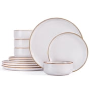 Onader 12 Piece Dinnerware Sets, Plates and Bowls Set for 4, Handmade Stoneware Dishes Sets for Home Restaurant, Dishwasher & Microwave Safe - Seashell White