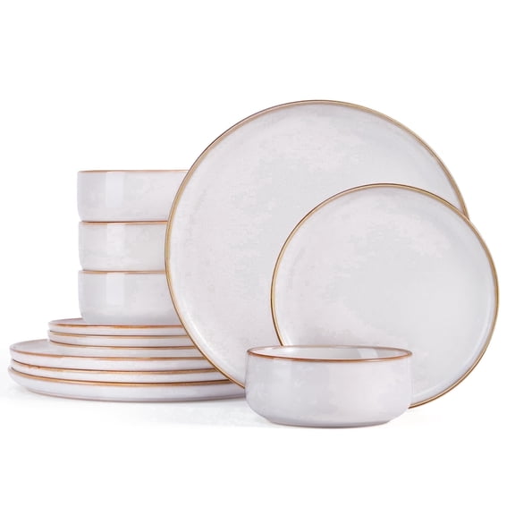 Onader 12 Piece Dinnerware Sets, Plates and Bowls Set for 4, Handmade Stoneware Dishes Sets for Home Restaurant, Dishwasher & Microwave Safe - Seashell White