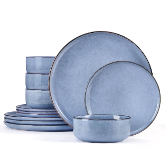 Onader 12 Piece Dinnerware Sets, Plates and Bowls Set for 4, Handmade Stoneware Dishes Sets for Home Restaurant, Dishwasher & Microwave Safe - Gray Blue