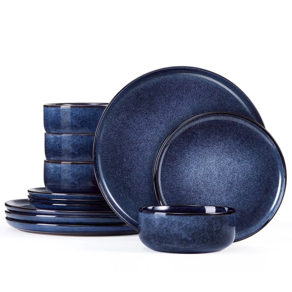Onader 12 Piece Stoneware Dinnerware Sets, Plates and Bowls Dish Set for 4, Speckled Kitchen Dining Plates and Bowls, Dishwasher & Microwave Safe - Starry Sky Blue
