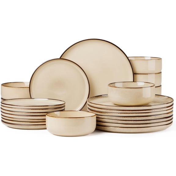 Stoneware Plates and Bowls Sets for 8, 24 Pieces Modern Round Dinnerware, Reactive Glaze Dishes Set for Kitchen, Chip Resistant, Microwave & Dishwasher Safe, Cream Khaki