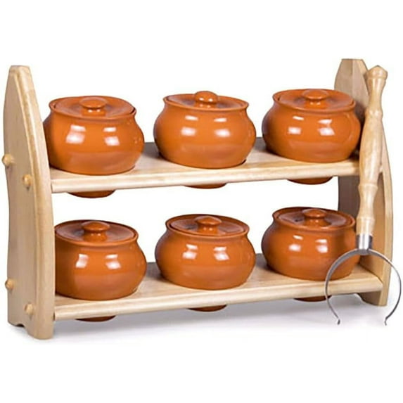 Stoneware Ramekins with Lids Set of 6 - 16.9 fl oz (500 ml) - Clay Cooking Pots with Shelf
