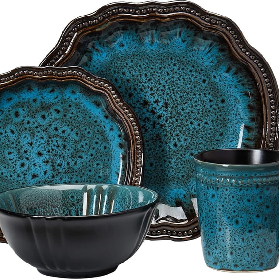 Stoneware Round Oval Dinnerware Dish Set, Ocean Blue
