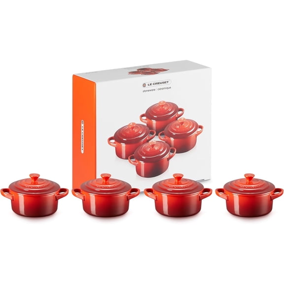 Stoneware Set of 4 Mini Cocottes with Cookbook, 8 oz. each, Cerise