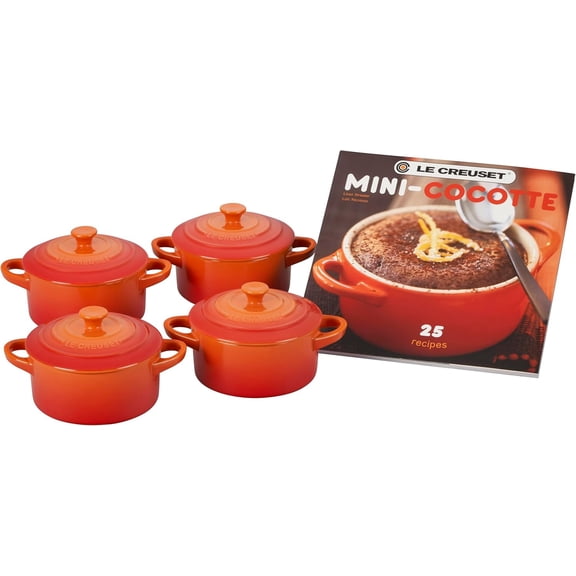 Stoneware Set of 4 Mini Cocottes with Cookbook, 8 oz. each, Flame