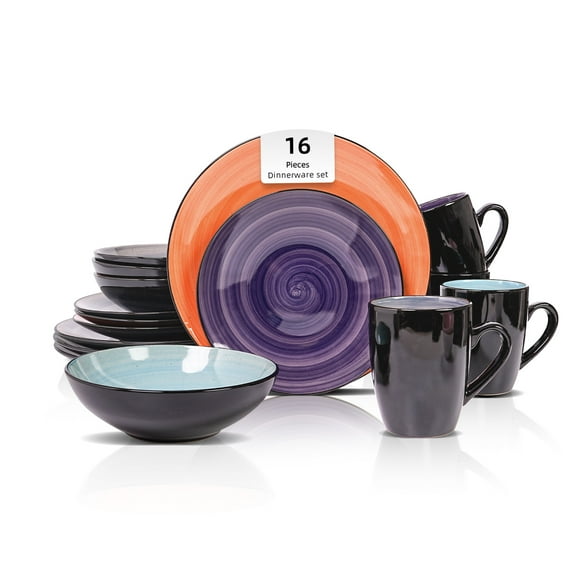 Stoneware Sonoma 16pc Dinnerware Set, Mix A Colors of Grey, Orange, Purple and Turquoise