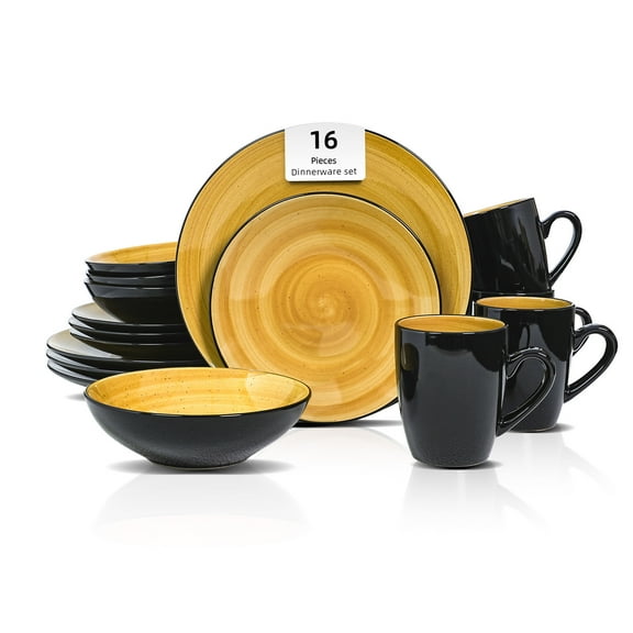 Homevss Ceramic Plates and Bowls Sets, 16 piece Dinnerware Set for 4, Scratch Resistant, Dishwasher & Microwave Safe, Yellow