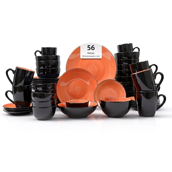 56pc Stoneware Set, 8-Person Dinnerware Set, Black + Speckled Spin Wash Orange