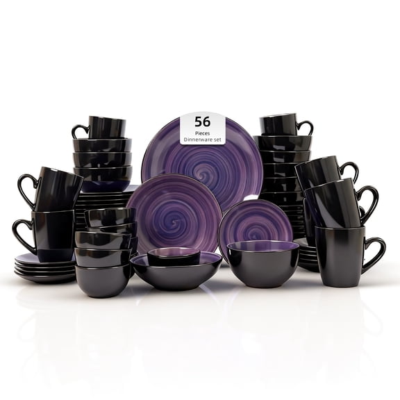 56pc Stoneware Set,  8-Person Dinnerware Set, Black + Speckled Spin Wash Purple