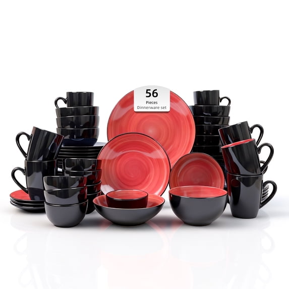 Stoneware Dinnerware Set, Black + Speckled Spin Wash (56pc Set, Red)