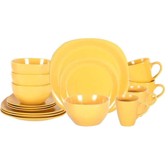 Stoneware Square 16-Piece Dinnerware Set, Matte Yellow