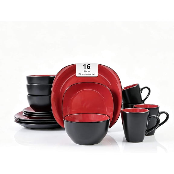 Stoneware Square 16-Piece Dinnerware Set  Red Shiny Interior, Matte Black Exterior