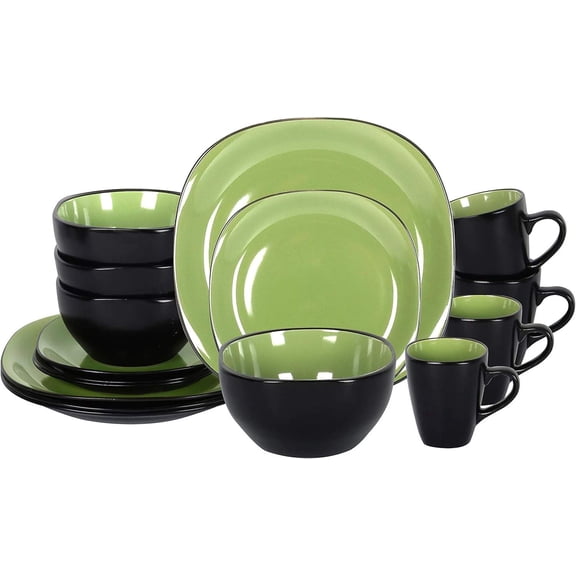 Stoneware Square 16-Piece Dinnerware Set, Shiny Green Interior & Matte Black Exterior